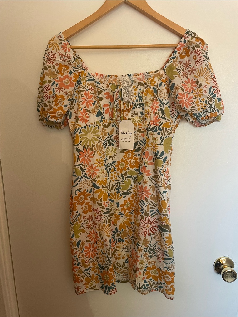 Sadie & Sage Floral Puff-Sleeve Mini Dress in Cream, Mustard, Olive & Coral